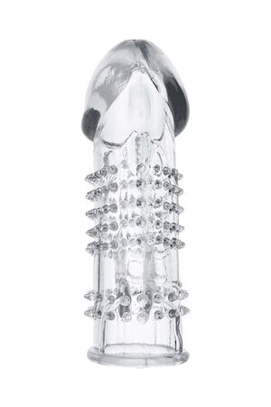 Прозрачная гелевая насадка с шипами и клиторальным отростком - 13 см.